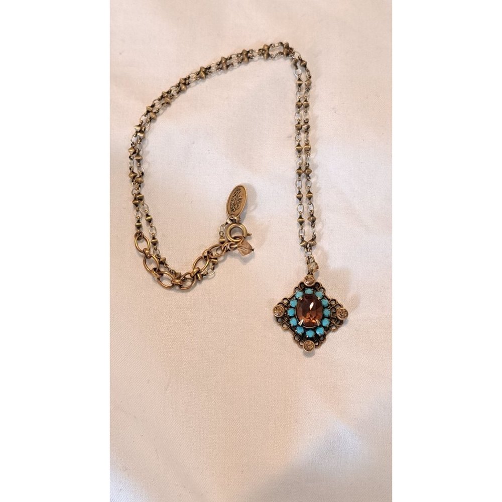 Liz Palacios Necklace Brass Chain Turquoise Colored Beads Black Center Lt Blue